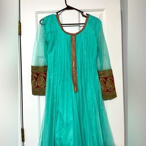 Floor length teal and red anarkali gown
